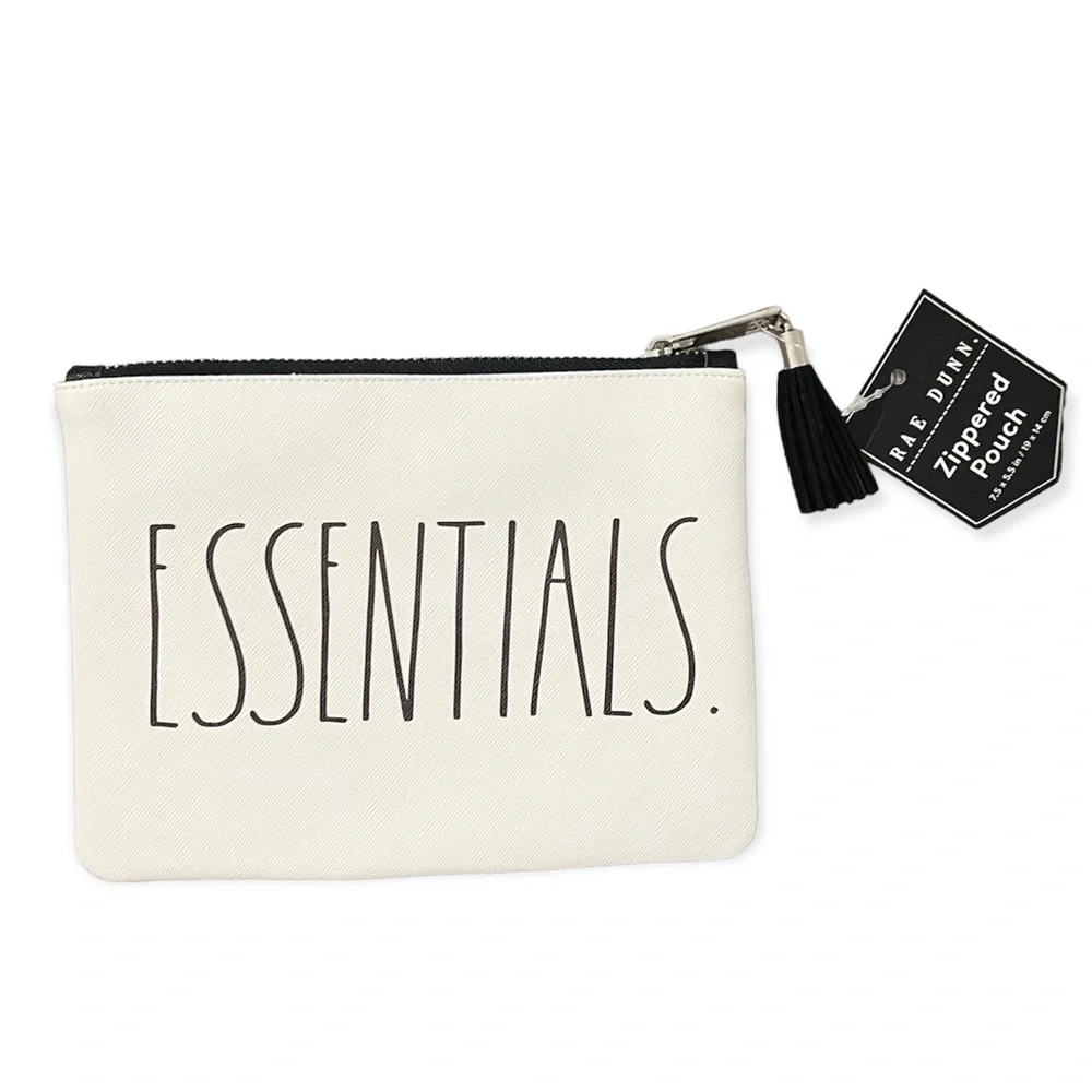 Rae Dunn ESSENTIALS With Tassel Black White Zippered Pouch 7.5 x 5.5 in